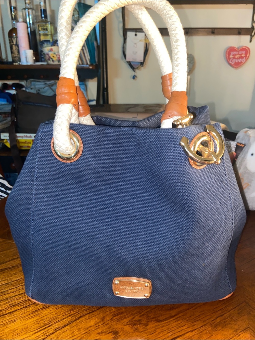 Michael Kors Navy Canvas Shoulder Bag with Rope Handles and Tan Trim